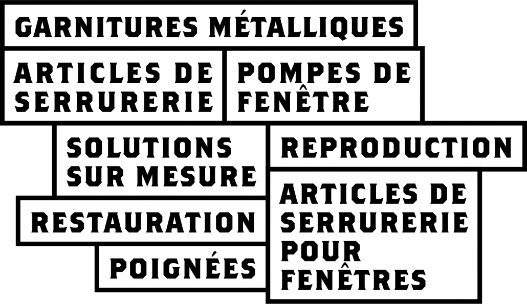 garnitures métalliques, articles de serrurerie, pompes de fenêtre, solutions sur mesure, reproduction, restauration, articles de serrurerie pour fenêtres, poignées